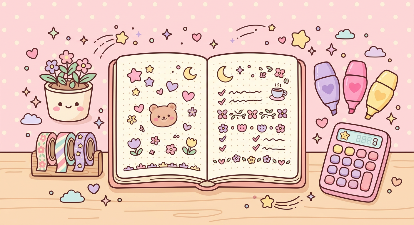 Kawaii illustration of a cozy journal desk